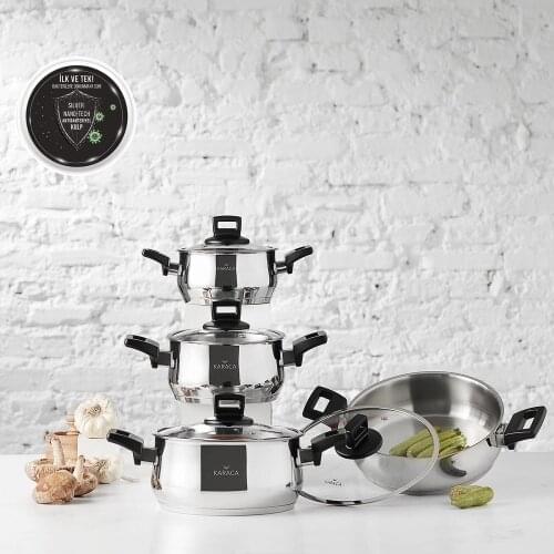 Roca Stainless Steel Cookware Set of Soup Pot 8 Piece Glass Cover Multifunctional Non-Stick Frying Pan Kitchen Cooking New Pots and Pans Set Kitchen Cookwares