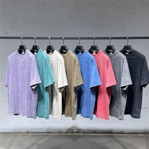 Summer Vintage Heavy Cotton Short Sleeve T-shirt Back Central Seam Ripped Cuffs Hip Hop Tee Streetwear Seven Colors