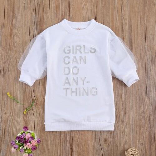 Toddler Baby Girl Fashion Sweatshirt Dress Mesh Long Puff Sleeve Letter Printed Pullover Straight Knee Length Dress