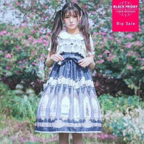 2020 Japanese style lolita cuty Bowknot soft sister lace dress high waist spaghetti strap printed dress wj268