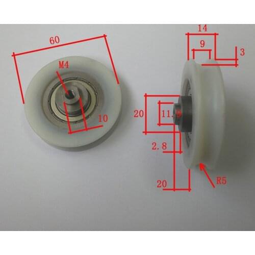 Diameter 60mm,thickness 14mm 2.5 inch sliding nylon roller/wheel/pulleys with U-groove with assembly M4 screw. 5pcs/lot