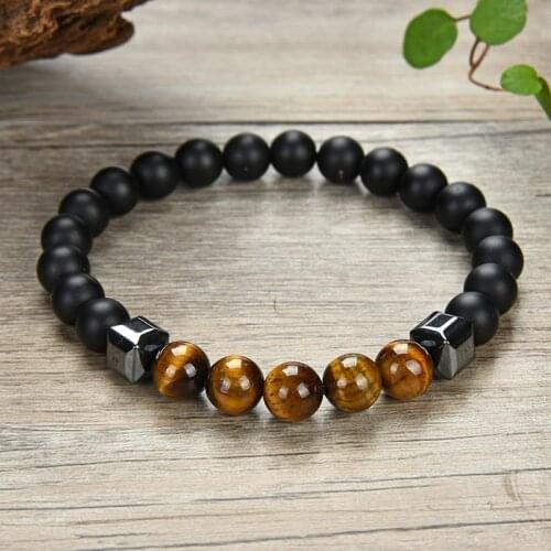 New natural stone bracelet fashion black agate tiger eye stone black gall stone men and women do not show steel