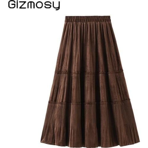 Gizmosy Solid Color Female Vintage Long Velvet Pleated Skirt Women Autumn Winter Elegant Fashion Ladies High Waist A line Skirt