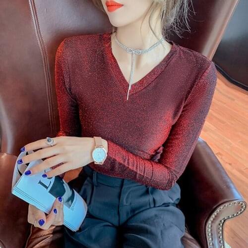 Autumn long sleeve turtleneck top female slim fit stretch knit bright silk mesh tops womens t-shirts embroidery hot-drill shirt