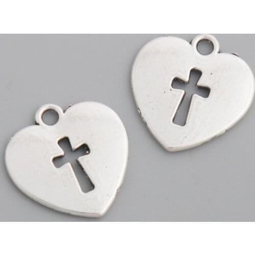 RAINXTAR Antique Silver Color Heart Charms With Cross Hole Vintage Cross Charms 16*17mm 100pcs AAC1492