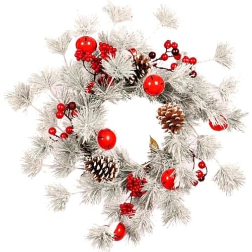 Christmas Wreaths Decorations Garland Ornament Artificial Christmas Wreaths With White Pine Needles Bells Red Fruits Christmas