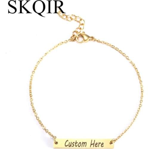 SKQIR Custom Any Name Wome Bar Bracelets Gold Color Rose Stainless Steel Jewelry Personalized Initial Letter Bracelets For Gift