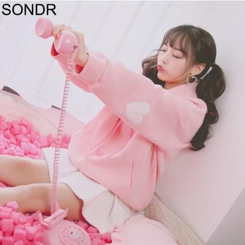 Sweet Kawaii Hoodie Girl Loose Long Sleeve Pink Cute Heart Print Sweatshirt 2020 Autumn Thicken Warm Korea Women Pullover Tops