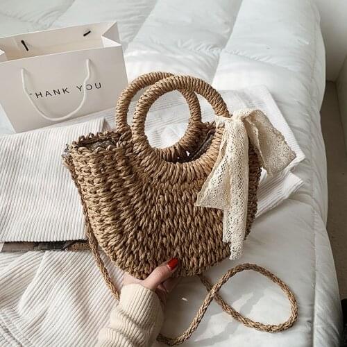 Straw Bag Women Hand-Woven Handbag Moon Shape Lace Bow Rattan Bag Big Capacity Drawstring Casual Beach Shoulder Crossbody Bag