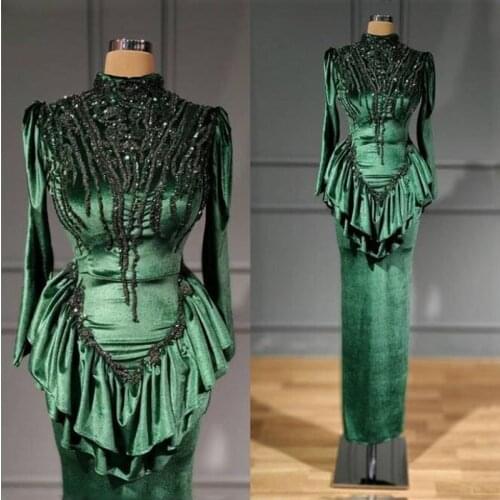 Dark Green Long Sleeves Evening Gowns High Neck Lace Appliques Beaded Ruffles Prom Dresses Saudi Arabia Muslim Robe De Soiree