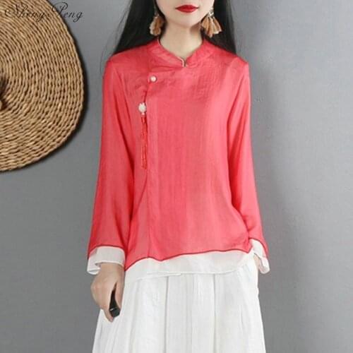 Traditional Chinese shirt long sleeve mandarin collar blouses female zen clothing cotton linen blouse G165