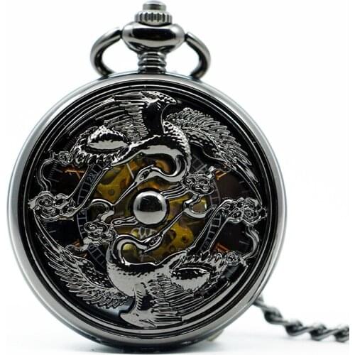 Vintage Classic Steampunk Black Hollow Pocket Watch Men Auto Stainless Steel Men Woman Mechanical Pocket Watch