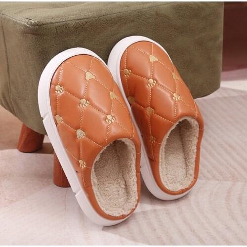 Waterproof Slippers Women Men PU Leather Winter Plush Keep Warm Flat Home Shoes Woman Soft Comfort Female Indoor Slipper 2021