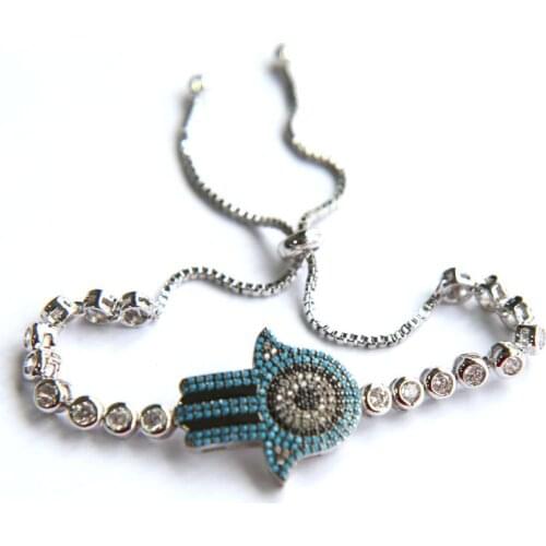High quality pave blue cubic zirconia fatimas hand hamsa tennis luxury girl gift adjust bracelet