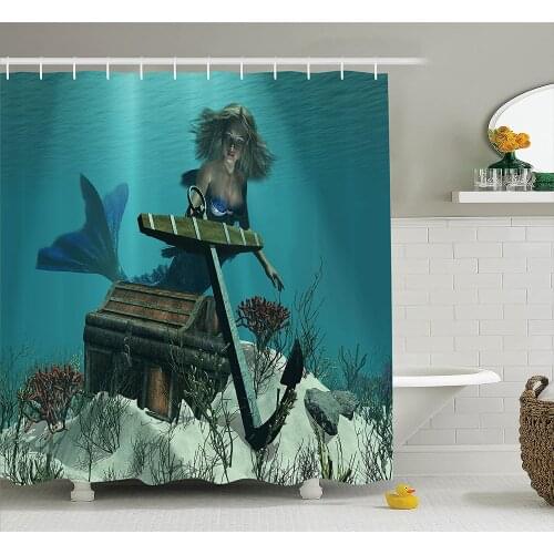Mermaid Shower Curtain A Mermaid in The Ocean Sea Discovering Pirates Treasure Chest Mythical Art Print Bathroom Decor Curtains