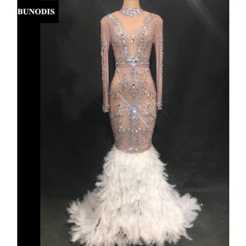 ZD453 Classic Women Sexy White Feather Net Yarn Long Skirt Sparkle Crystals Nightclub Birthday Party Stage Wear Dancer Singer