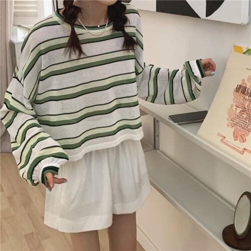 Fashion Ice Stripe Knitted Sunscreen T-shirt Womens Summer Autumn 2021 New Loose Korean Long Sleeve Crop Tops Streetwear