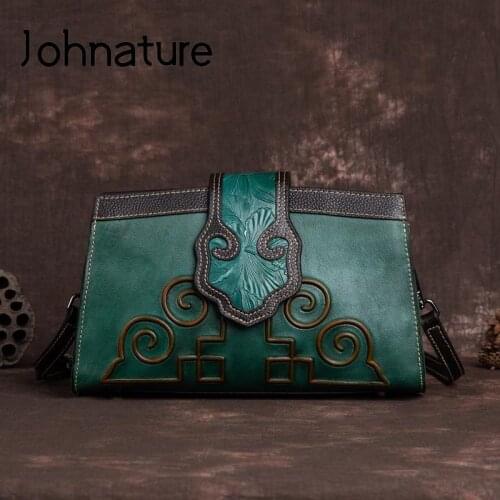 Johnature Luxury Women Bag Designer 2021 New Vintage Genuine Leather Embossed Versatile Handmade Shoulder & Crossbody Bags