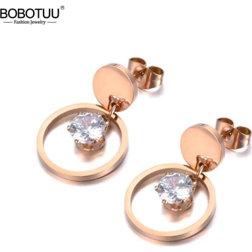 BOBOTUU Trendy OL Style Double Circle Stainless Steel Stud Earrings Rose Gold Handmade CZ Crystals Ear Jewelry For Women BE19171