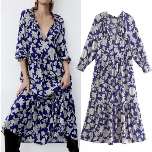 Za Floral Dress Woman Oversize Blue Long Dress Women Ruffle Long Sleeve Summer Dresses 2021 Ladies Ruched Casual Dresses