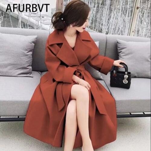 Korea Women Spring Autumn Black Loose Long Wool Coat Jacket Belt Woolen Overcoat Split Hem Cardigan Outerwear 3XL