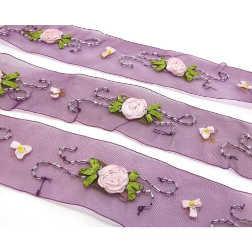 1 Yard 1 5/8 Inches Embroidered Rose Bud|Mauve|Colorful Flower Ribbon Trim|Scrapbook|Doll Lace|Quilt|Sewing Couture|Supplies