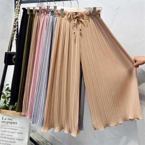 2019 New Summer Womens Chiffon Pants Loose Thin Female Fashion Wide Leg Pants High Waist Elastic Casual Vintage Dance Pants 350