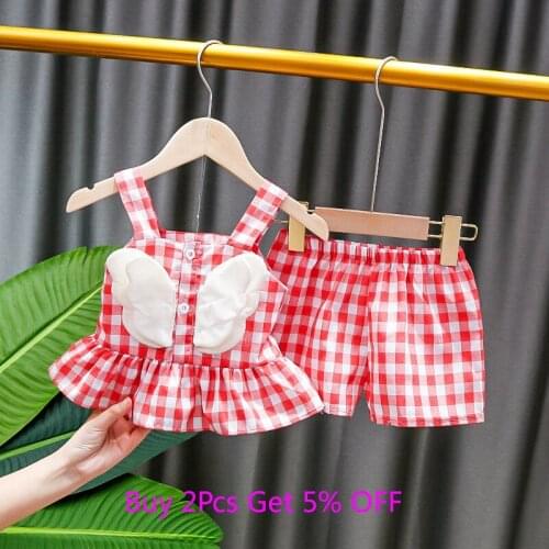 2020 New Toddler Baby Girl Clothes Summer Cute Plaid 3D Wings Strap Crop Tops + Shorts 2Pcs Outfits Casual Clothes Set for 0-3Y