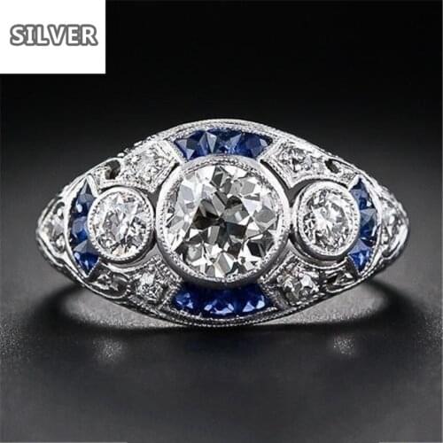925 anillos Silver Retro Court Full Cubic Zirconia Ring For Women Ladies Elegant Blue Crystal Rings Banquet Sapphire Jewelry