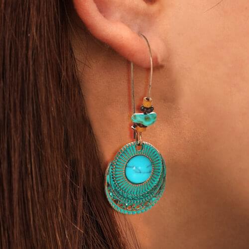 Modyle Bohemian earrings statement jewelry Exaggerated antique green metal water drop earrings for women Boho flowers tassel