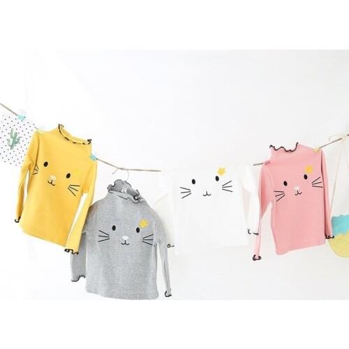 Kids Girls Clothes Cute Cat Embroidery High Collar Baby Shirts Cotton Long Sleeves Tops Toddler Infant Shirts Girls Clothing