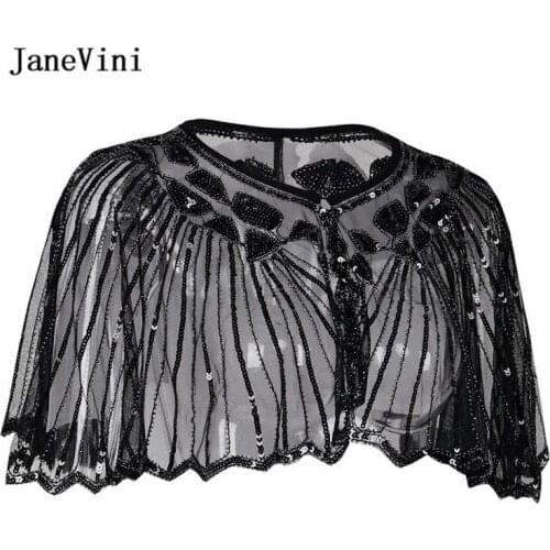 JaneVini Fashion Black Sequins Bridal Bolero Wedding Shawls Wraps Short Cape Beaded Sparkle Cloak for Evening Party Accessories