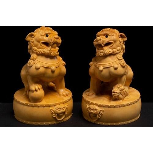Chinese wood Animal Feng shui Home Guard dog Lion town house Statue Decor Decoration Craft Statues and Sculptures