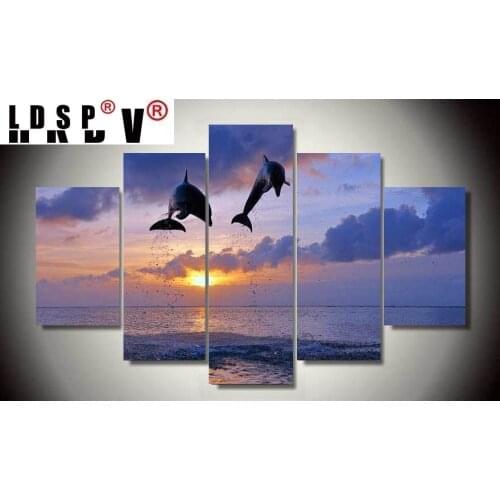 LDSP 5 Panels Canvas Painting Sunset Seaside Modular HD Printed Animals Dolphins Posters Wall Picture for Living Room Home Decor