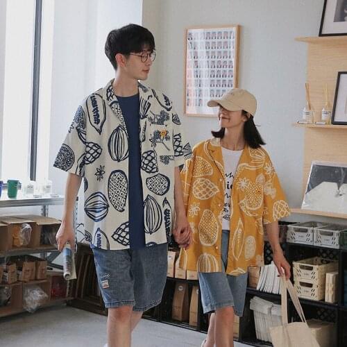Summer floral shirt retro half sleeve smiley face couple look couples clothes couples clothing