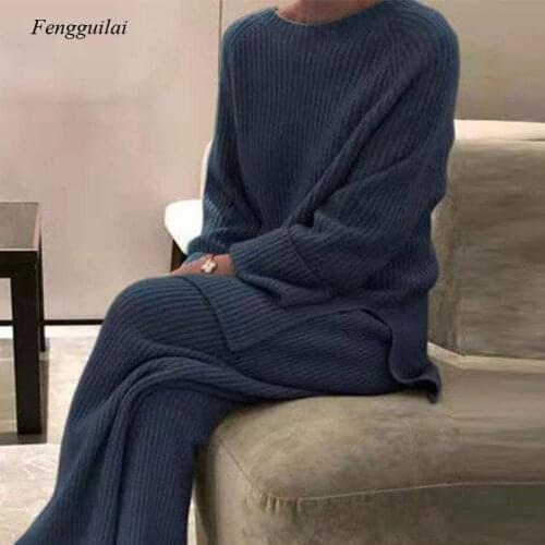 Fall/winter Fashion Womens Soft Homewear 2-Piece Set Elegant O-Neck Pullover and Knit Pants Pure Color Pajama Home Set