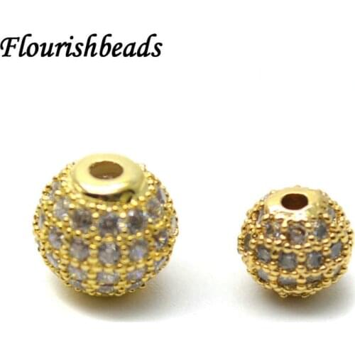 Gold Color Plating Paved Real CZ Metal Copper Round Loose Beads DIY Jewelry Making 20pc per lot 6mm 8mm 10mm