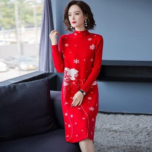 Christmas Sweater Womens Long Bottoming Shirt Autumn and Winter 2020 New Pretty Print Sweater Dress Elegant Knit Vestidos f2409