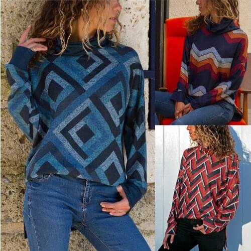 S-2XL turtleneck long sleeve tshirt floral print striped tops women tshirt winter autumn casual leisure tops