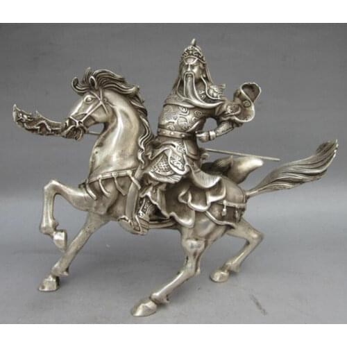 Collectable White Copper Warrior God Guan Yu Riding Horse Statue