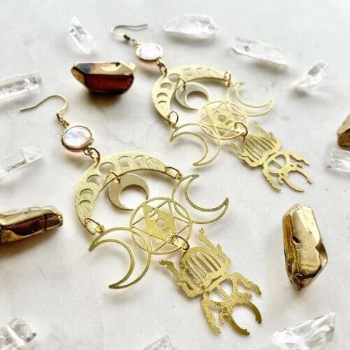 Celestial Beetle Earrings Triple Moon Earrings Crescent Moon Earrings Witchy Dangle Earrings