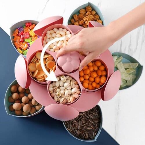 Petal-Shape Rotating Candy Box 2-layer Rotating Gridded Fruit Plate Dried Fruit Pate Living Room Candy Box Snack Box Organizer