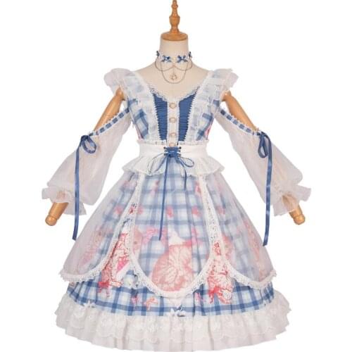 Japanese sweet lolita dress vintage lace bowknot cute printing princess tea party victorian dress kawaii girl gothic lolita op