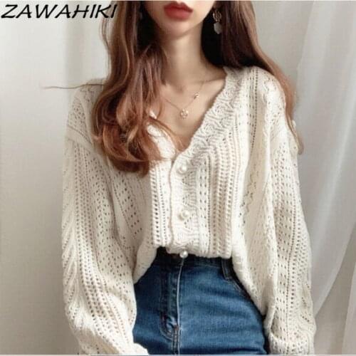 ZAWAHIKI Korean Chic Autumn Retro V Neck Casual Long Sleeve Tops Crochet Lace Crochet Hollow Out Sweet Wild Knitted Cardigan