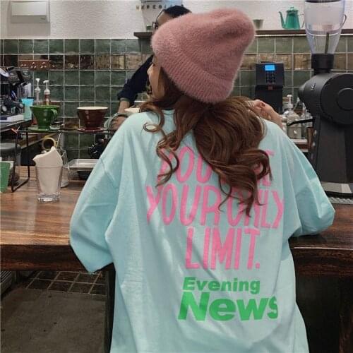 2021 Letter Printed Sweet Fresh All Match Oversize Loose Basic Summer Vintage Short Sleeve Female Women Top T-shirts