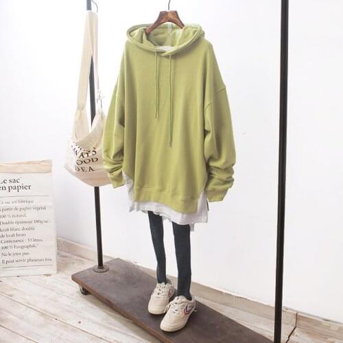 Womens Casual Patchwork Fake Two Sweatshirt Long Sleeve Loose Hoodies Tops Autumn Female Thin Pullover Tops Polerones De Mujer