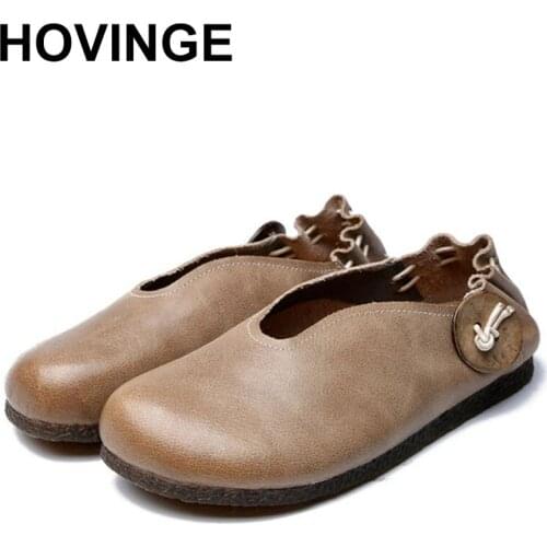 HOVINGE women flat shoes 2020 spring new genuine leather women flat shoes casual moccasins retro mom soft bottom shoes