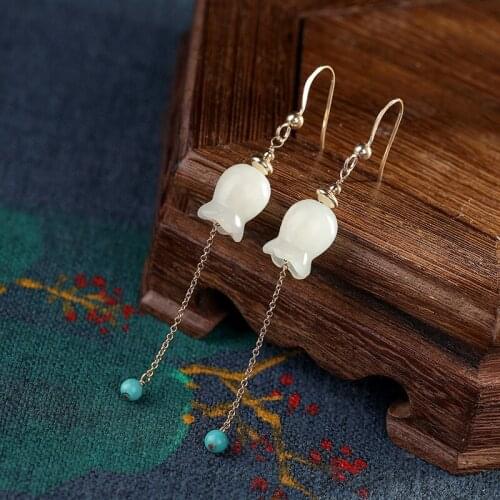 925 silver natural Hetian Yuling Lanzhou bag gold pine stone wild high-end ladies earrings earrings
