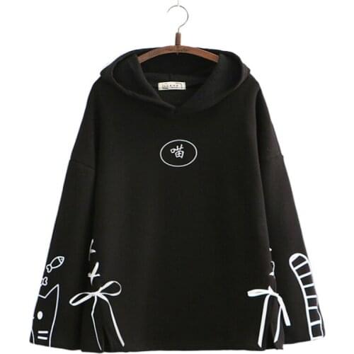 Women Hoodies Sweatshirts Fleece Plus Velvet Cartoon Print Hooded Pullover 2020 Winter Flare Sleeve Sweet Style Thick Tracksuits