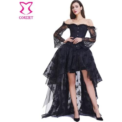 Corstory Gothic Victorian Black Lace Sleeve Off Shoulder Corset Skirt Waist Trainer Burlesque Women Steampunk Corset Sets